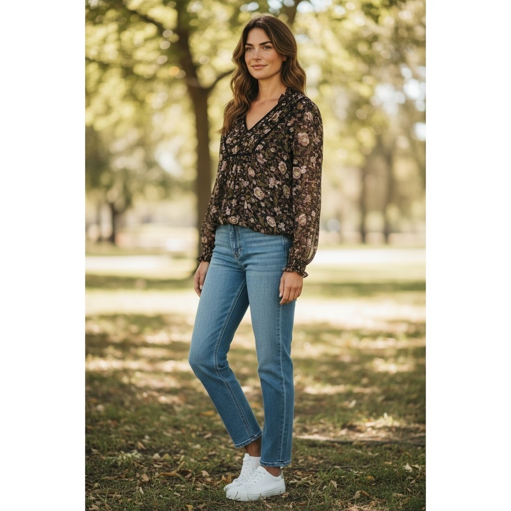 Floral Long Sleeve Boho Blouse Black Velvet Trim V Neck Size M‎ Whimsy Forest